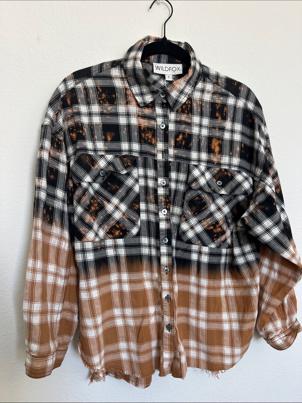 WILDFOX Brown, Black & White Bleached Plaid Button-Down Shirt